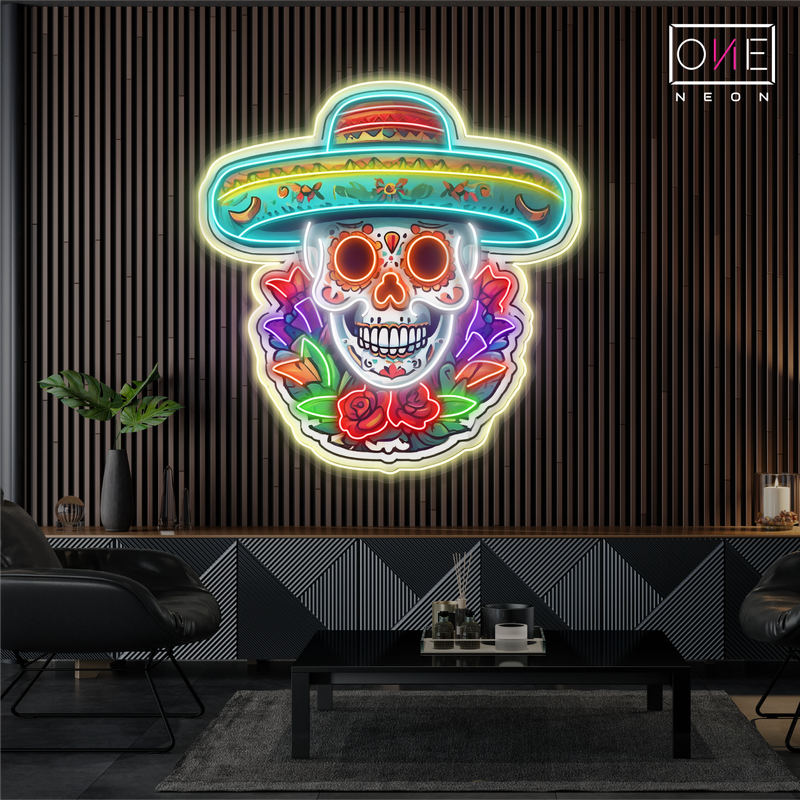 Enseigne Néon LED Tête de Mort Calavera Fleurie