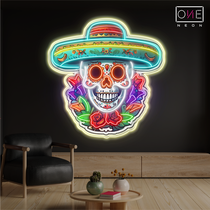Enseigne Néon LED Tête de Mort Calavera Fleurie