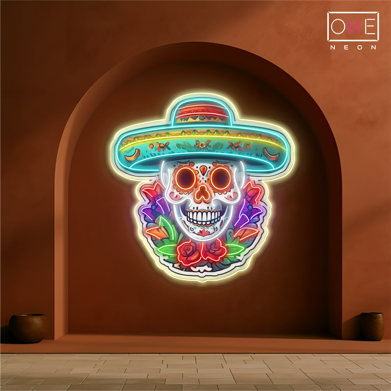 Enseigne Néon LED Tête de Mort Calavera Fleurie