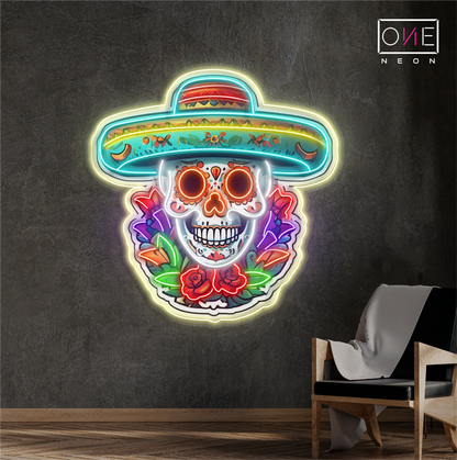 Enseigne Néon LED Tête de Mort Calavera Fleurie