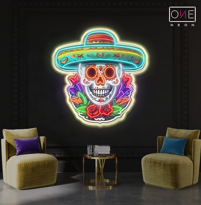Enseigne Néon LED Tête de Mort Calavera Fleurie