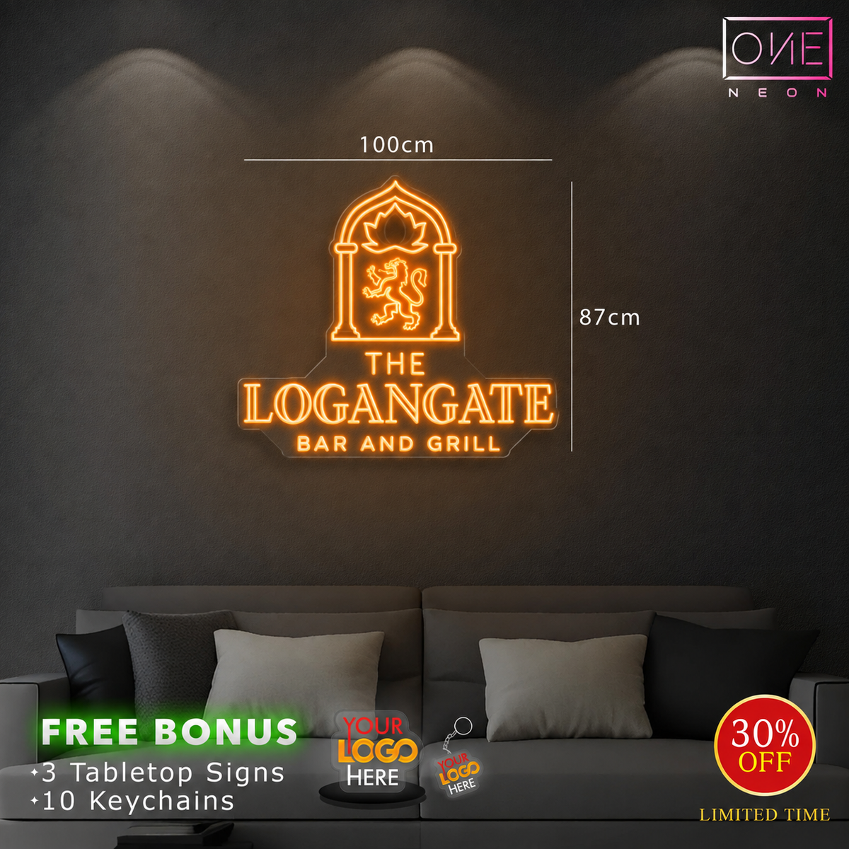 The logangate bar and grill | Led Neon Sign (20 keychains + 3 tabletops)