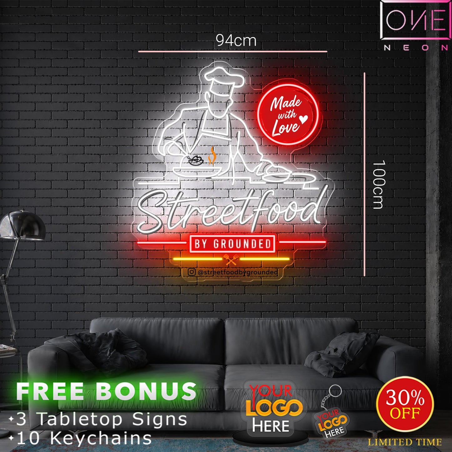 Streefood | LED Neon Sign (outdoor sign) +   a black mounting bracket installed underneath
