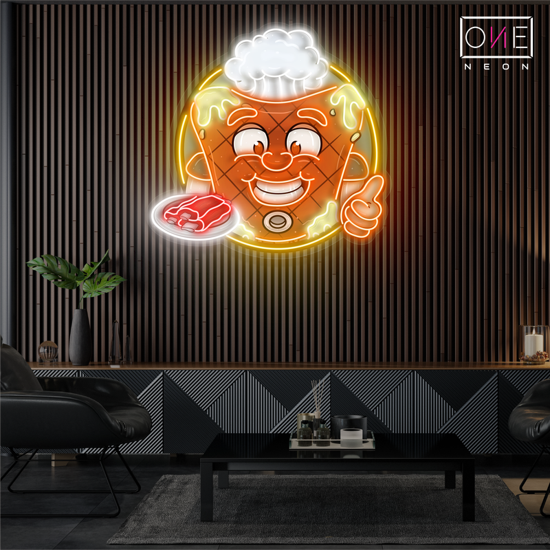 Enseigne néon LED œuvre d'art mascotte joyeuse de steak de viande