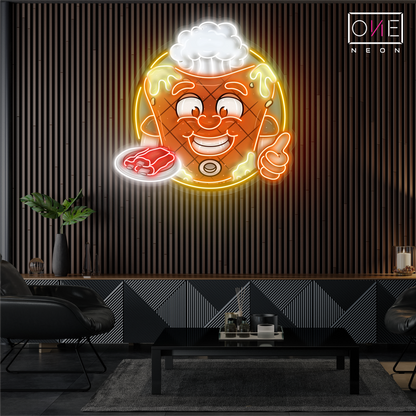 Enseigne néon LED œuvre d'art mascotte joyeuse de steak de viande