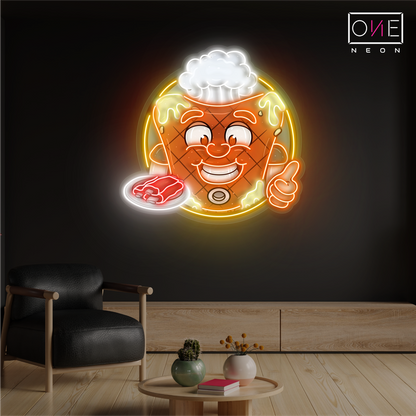 Enseigne néon LED œuvre d'art mascotte joyeuse de steak de viande