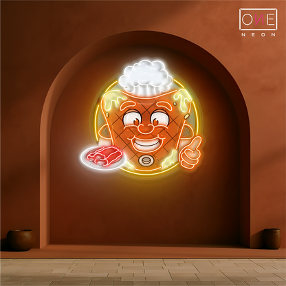 Enseigne néon LED œuvre d'art mascotte joyeuse de steak de viande