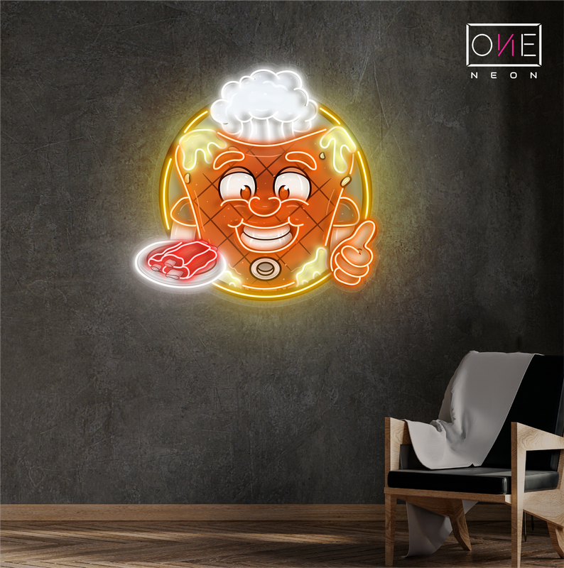 Enseigne néon LED œuvre d'art mascotte joyeuse de steak de viande