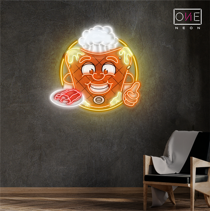 Enseigne néon LED œuvre d'art mascotte joyeuse de steak de viande