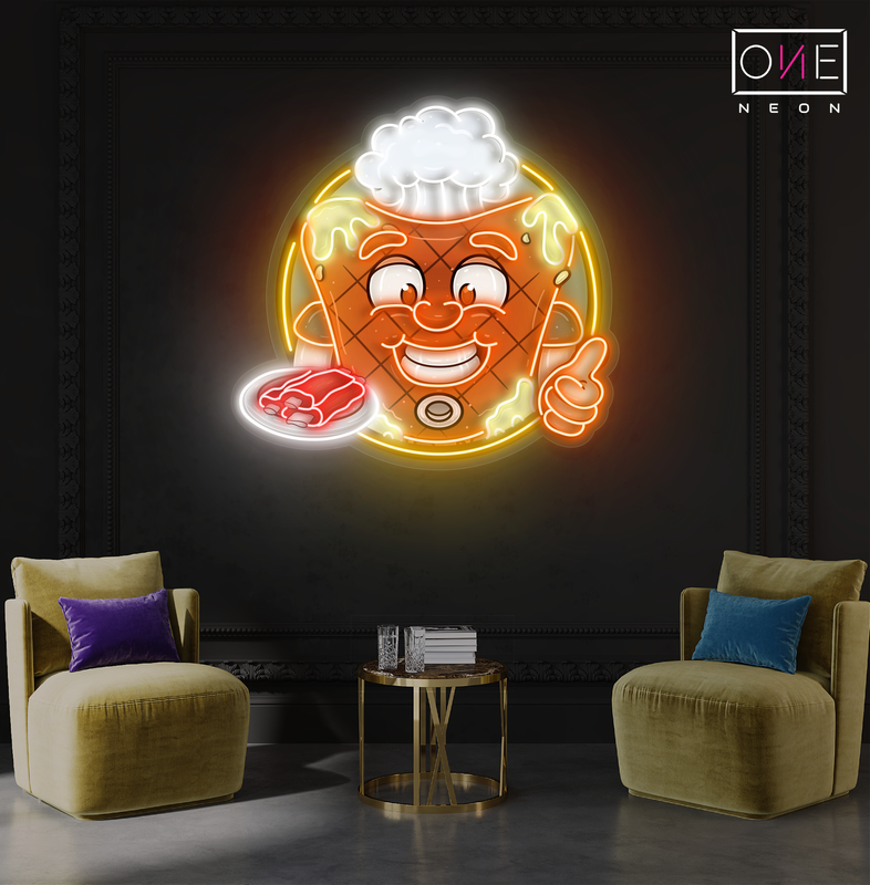 Enseigne néon LED œuvre d'art mascotte joyeuse de steak de viande