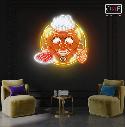 Enseigne néon LED œuvre d'art mascotte joyeuse de steak de viande