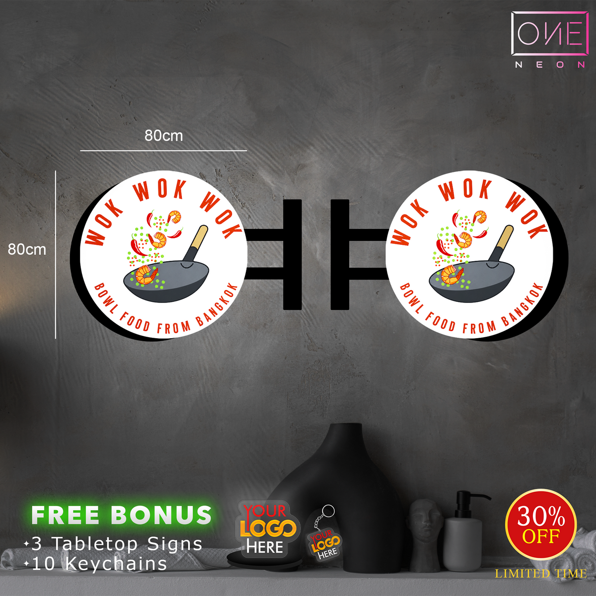 Wok wok wok and Greek Gyros Grill | LED Neon Sign (2 doubled-side ligh boxes)